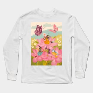 Beautiful Black Flower Fairies playing with their woodland friends Long Sleeve T-Shirt